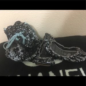 Joan Boyce Pewter Sequin Ballet Flats & Bag